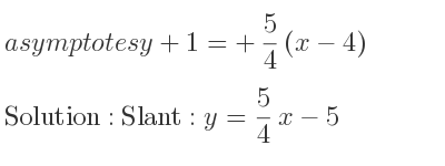 The asymptotes of y+1=+5/4 (x-4) is Slant: y= 5/4 x-5